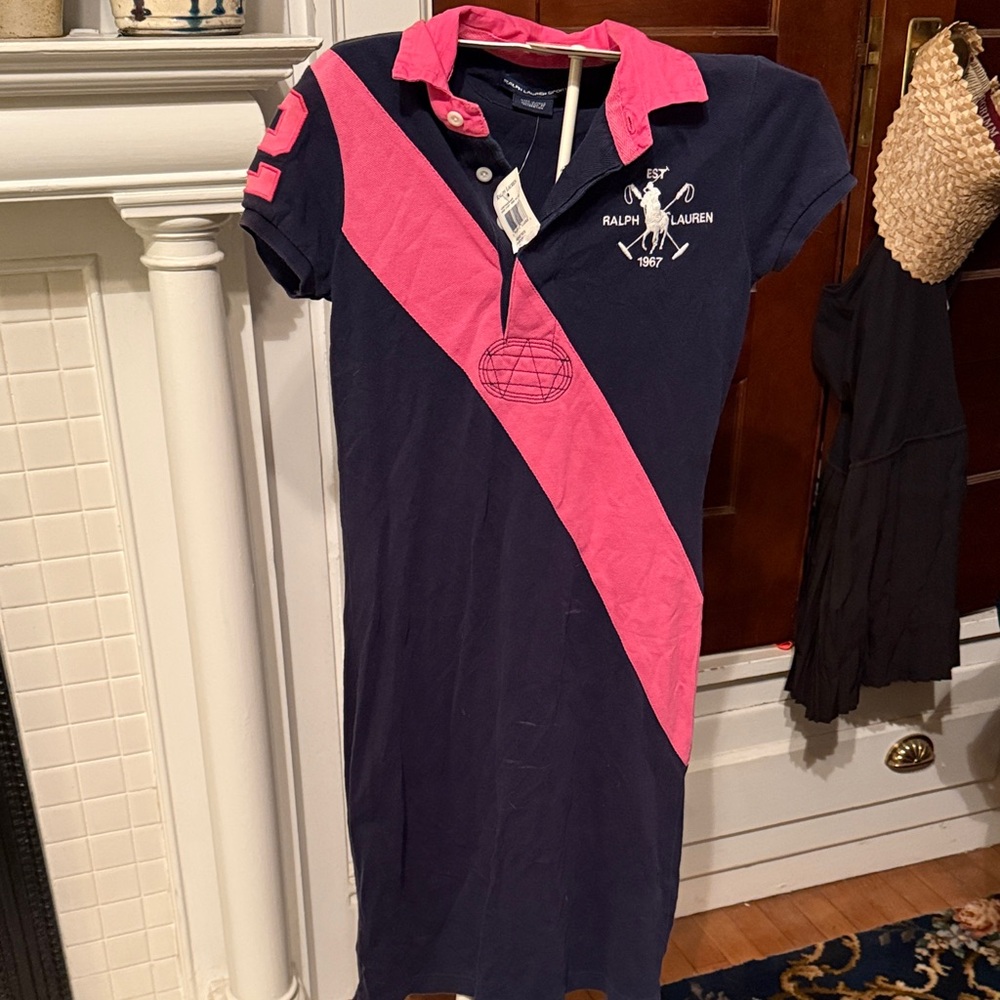 Ralph Lauren Navy and‎ Pink Striped Large Pony Polo Dress- NWT. Retail 158